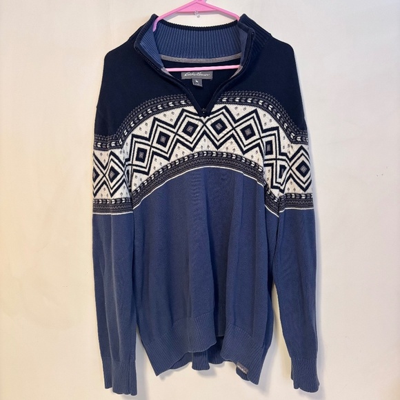 Eddie Bauer Fair Isle Nordic Quarter Zip Sweater Blue Color Block Mens Large - Picture 1 of 4